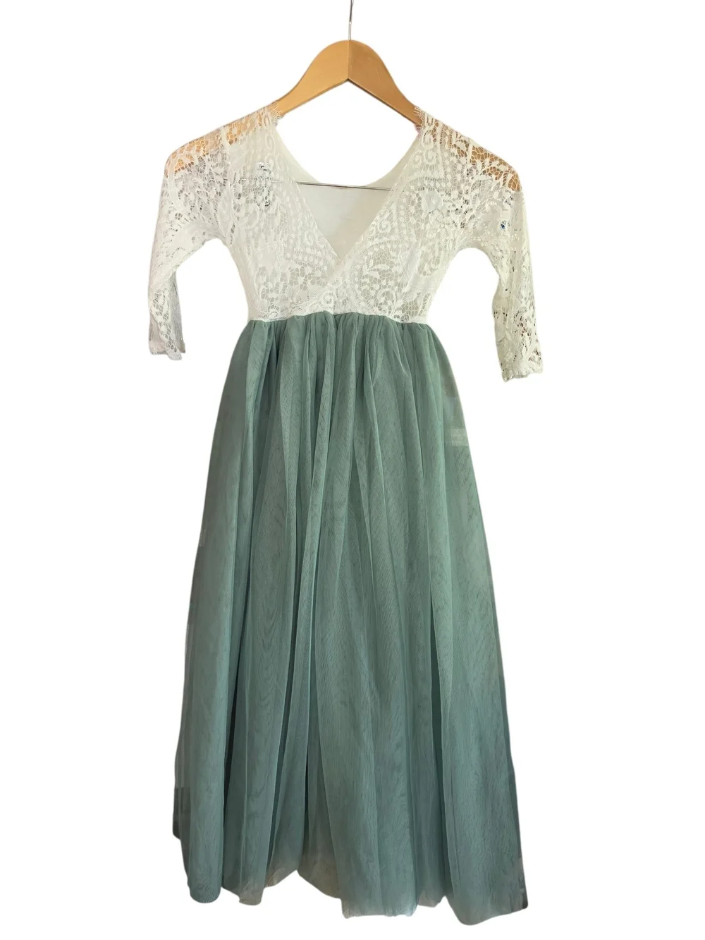 Elegant Ivory Lace & Sage Green Tulle Flower Girl Dress